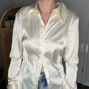 Danielle Bernstein Silky Satin Button Up Top Stretch Charmeuse Ivory WeWoreWhat